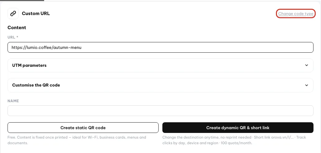 Tombol Change code type di atas formulir konten