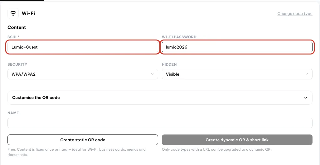 Formulir Wi-Fi dengan nama jaringan Lumio-Guest dan kata sandi terisi