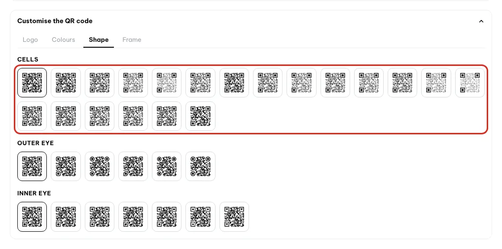 Sub-tab Shape dengan pilihan bentuk sel
