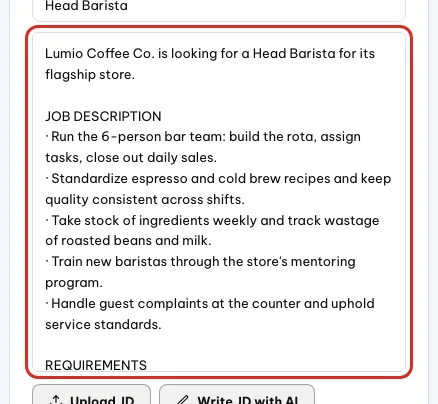Kotak JD berisi deskripsi pekerjaan Head Barista