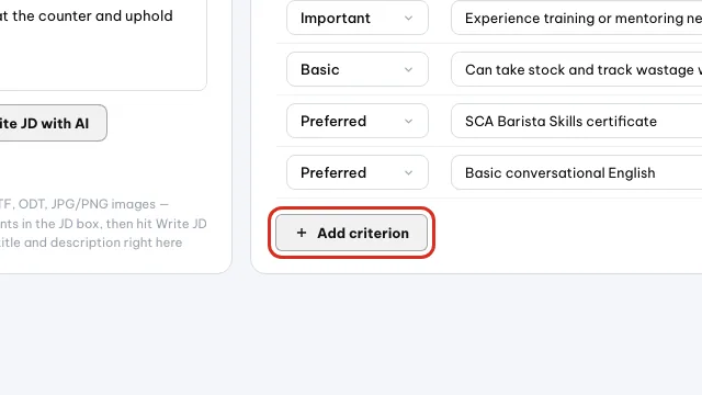 Tombol Tambah kriteria dan kotak bobot terakhir dilingkari