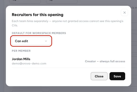 Dialog Perekrut dengan dropdown akses default diatur ke Dapat mengedit