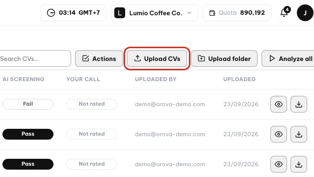 Tombol Unggah CV dilingkari di toolbar