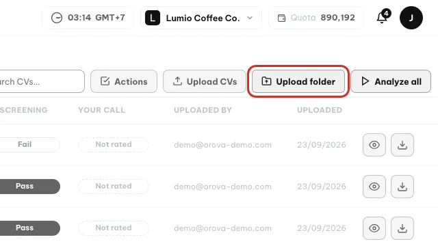 Tombol Unggah folder dilingkari di samping Unggah CV