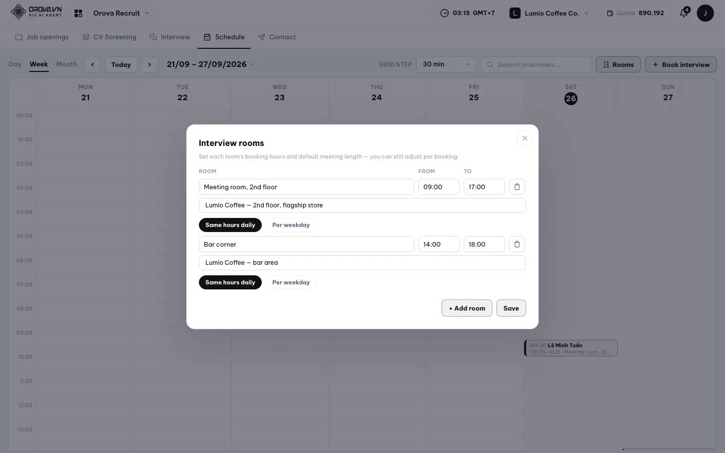 Dialog Ruang wawancara dengan dua ruangan dan Jam sama setiap hari