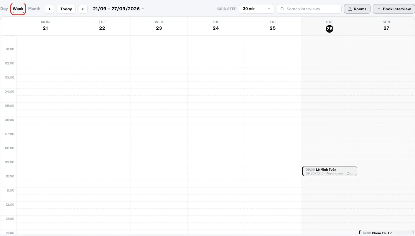 Kalender mingguan dengan dua blok wawancara pada Sabtu dan Minggu