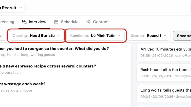 Dropdown Lowongan dan Kandidat dilingkari di tab Catatan