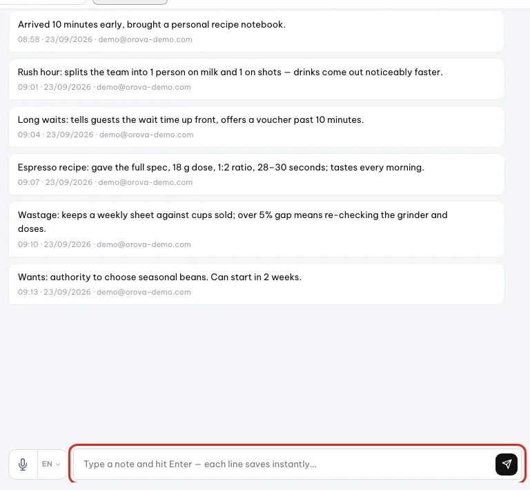 Enam catatan berwaktu di atas kotak input catatan yang dilingkari