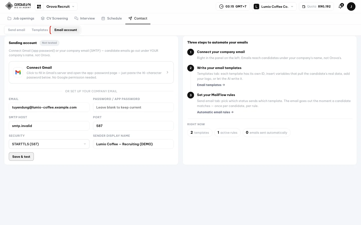 Tab Akun email dengan formulir akun pengirim dan kolom SMTP