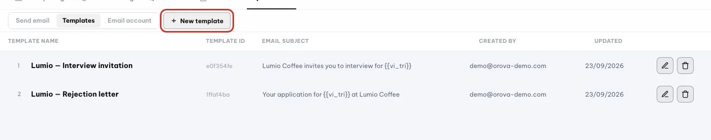 Tab Templat berisi Lumio — Interview invitation, Templat baru dilingkari