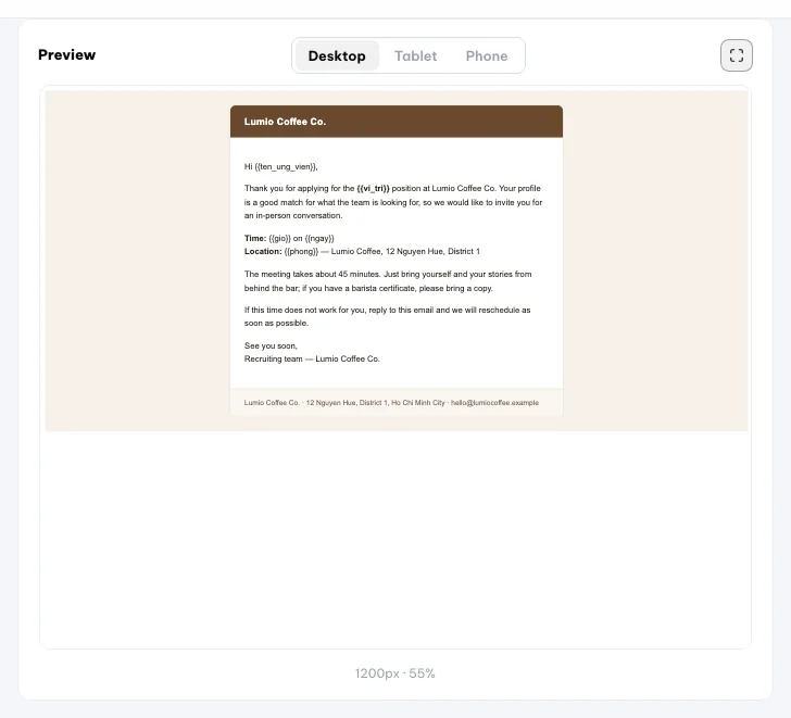 Pratinjau desktop email undangan wawancara Lumio
