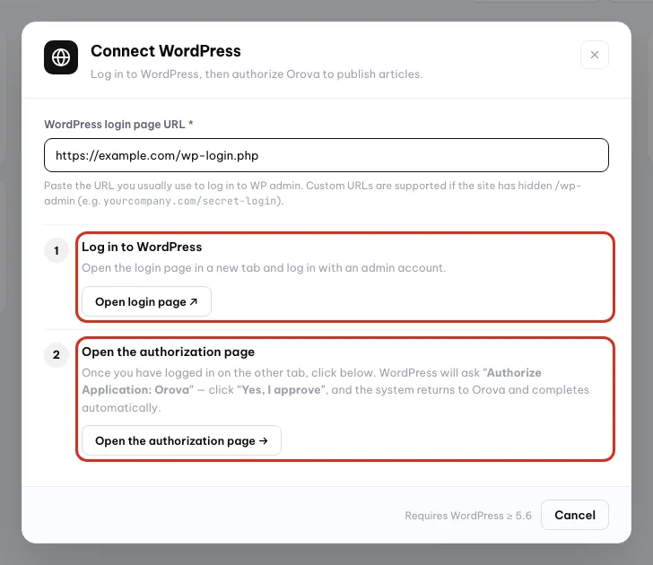 Окно «Подключить WordPress» с двумя кнопками