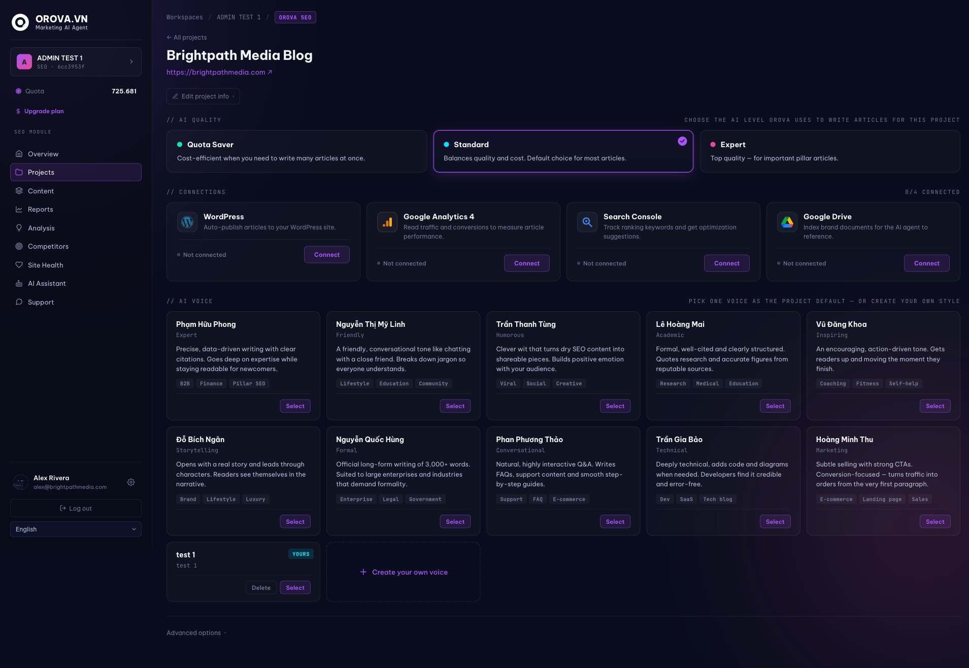 Orova SEO project detail and connections
