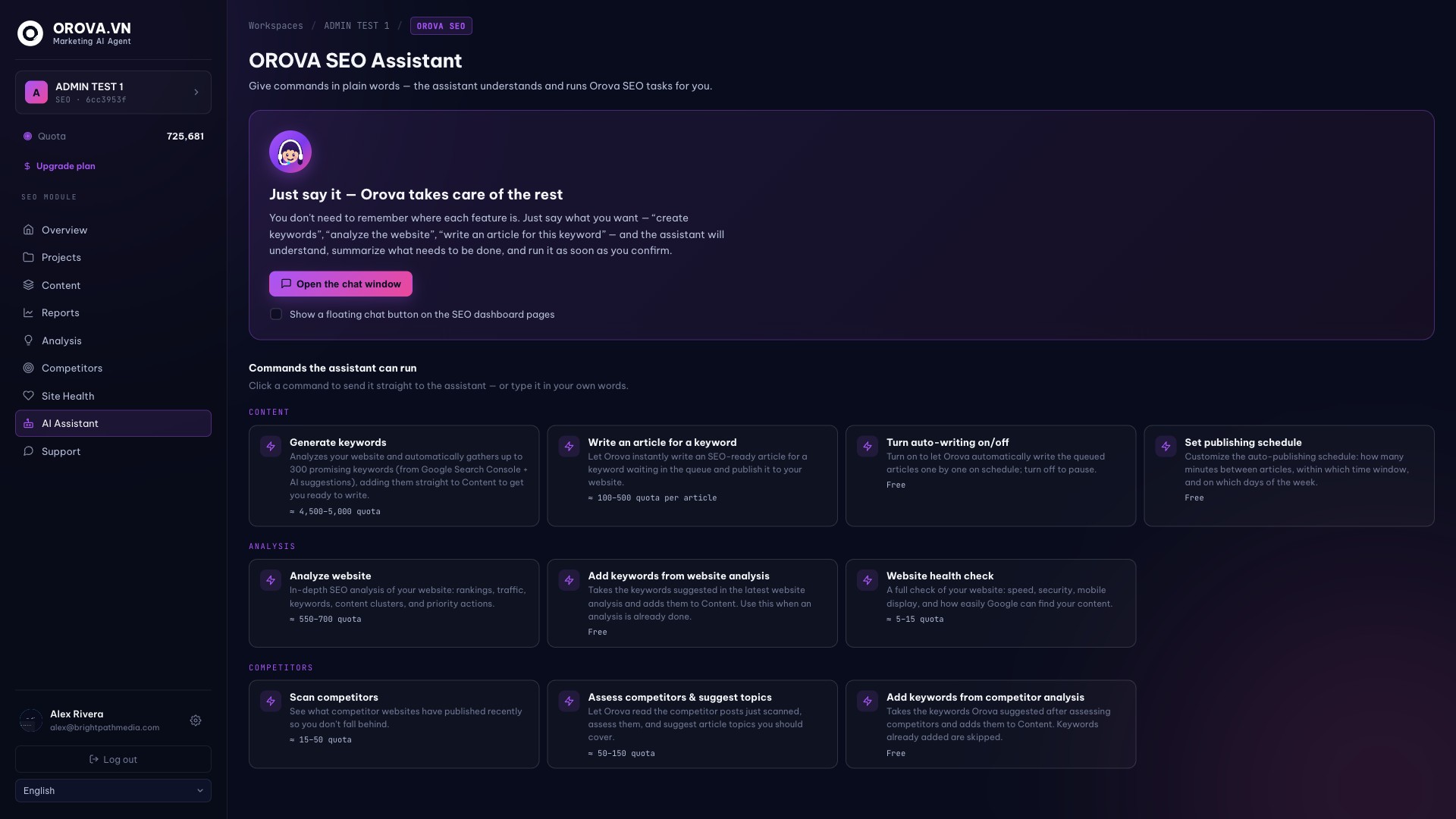 The OROVA SEO Assistant runs SEO tasks from plain-language commands.