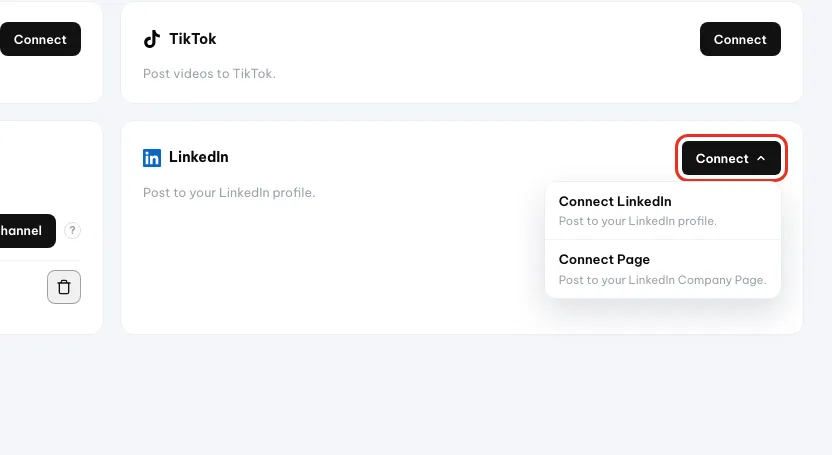 Menu Hubungkan LinkedIn yang terbuka dengan dua pilihannya