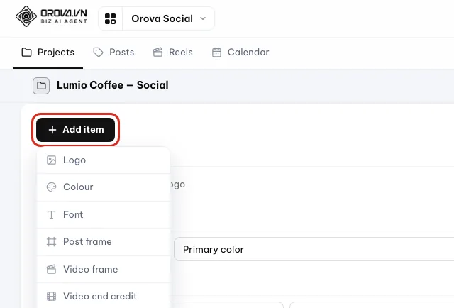 Menu Tambah item yang menampilkan Logo, Warna, Font, dan Bingkai postingan