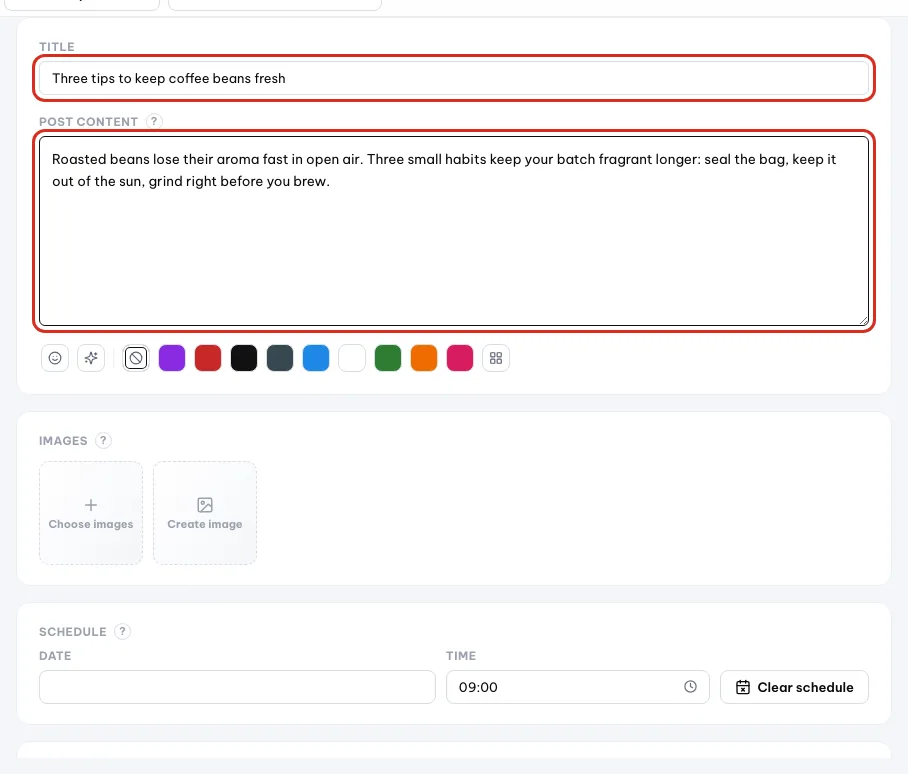 Judul dan konten postingan diisi dengan postingan tips kopi