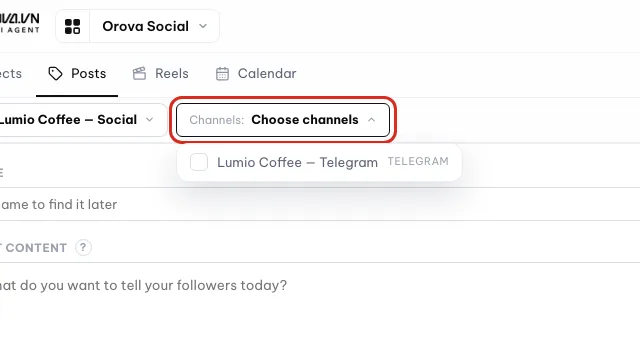 Dropdown Saluran yang menampilkan saluran Lumio Coffee — Telegram