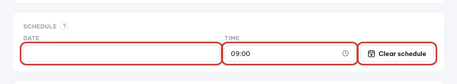Blok Jadwal di halaman susun dengan Tanggal, Jam, dan Hapus jadwal