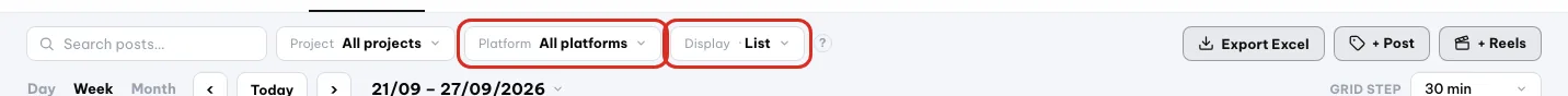 Bilah alat kalender dengan filter Platform dan Tampilan dilingkari