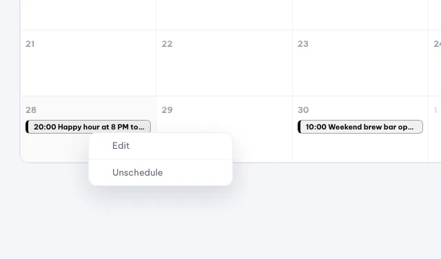 Menu kartu di kalender dengan Edit dan Batalkan jadwal