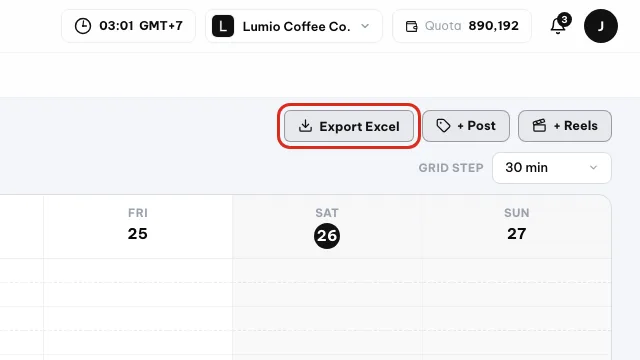Tombol Ekspor Excel dilingkari di bilah alat kalender