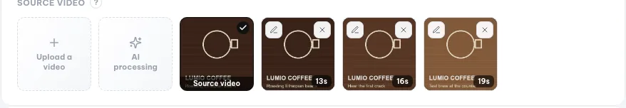 Video sumber diikuti tiga klip Lumio berdurasi 13 dtk, 16 dtk, dan 19 dtk
