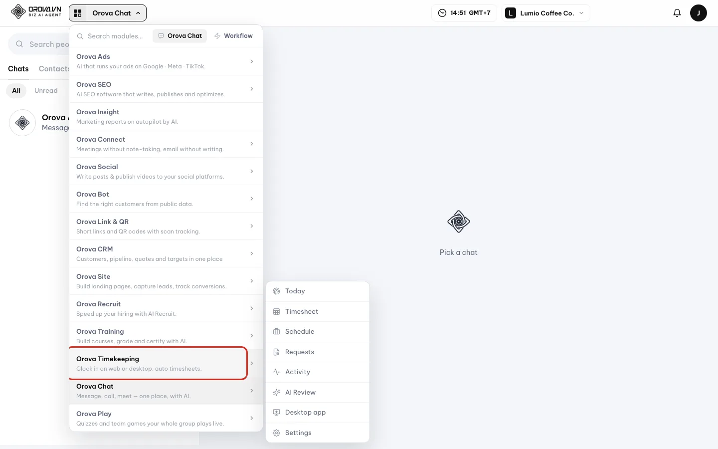 Workspace page with the Orova Timekeeping card circled in red