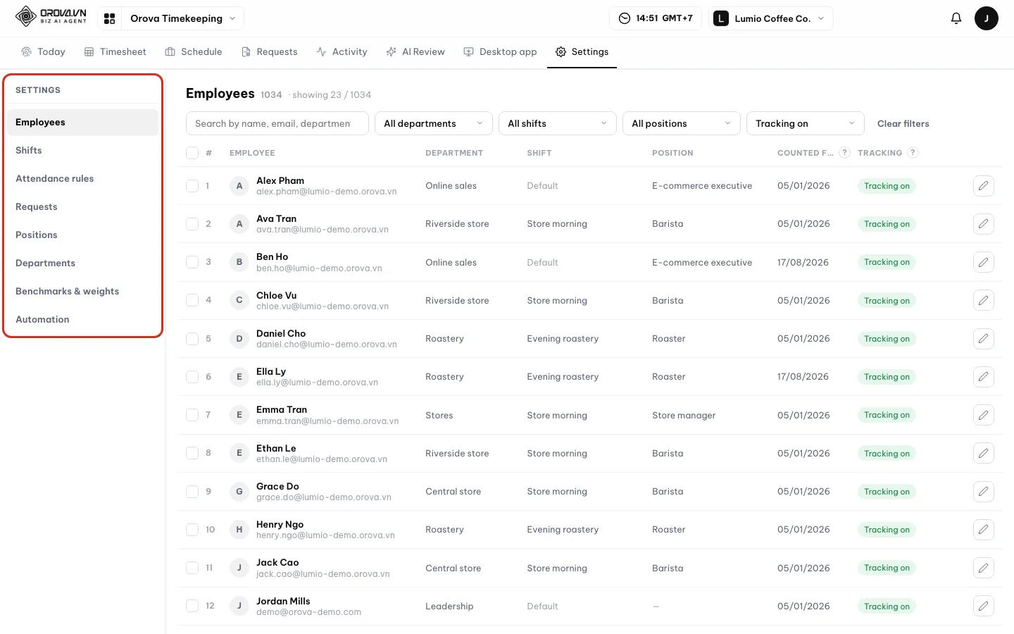 Timekeeping Settings page with the 8-item left menu circled in red