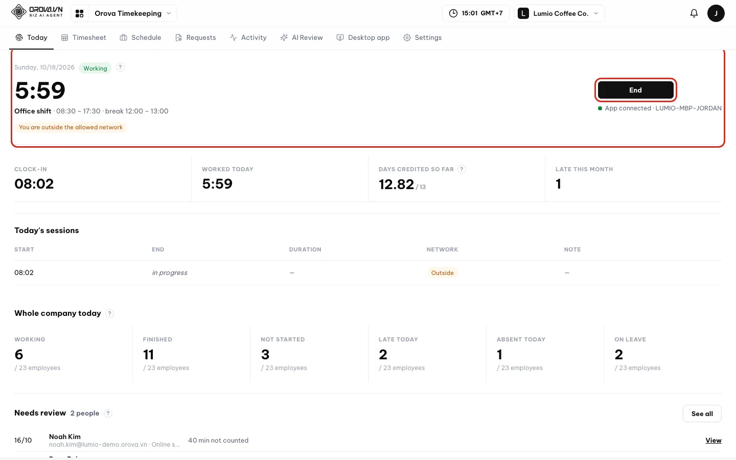 Today page with the status Working, the timer running and the End button circled in red