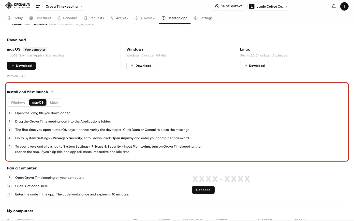Install and first launch block with Windows, macOS and Linux tabs