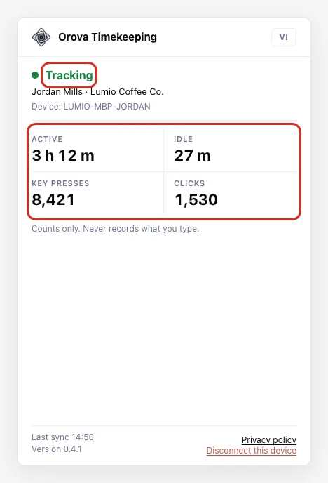 The app in the Tracking state with four tiles: Active, Idle, Key presses, Clicks