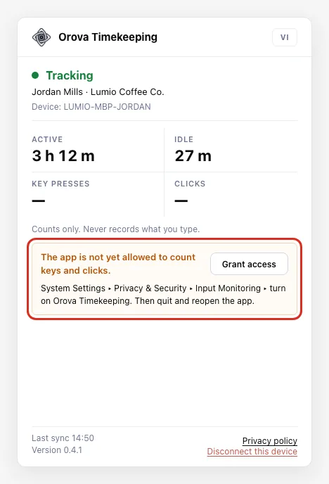 The app on macOS showing the permission card with the Grant access button