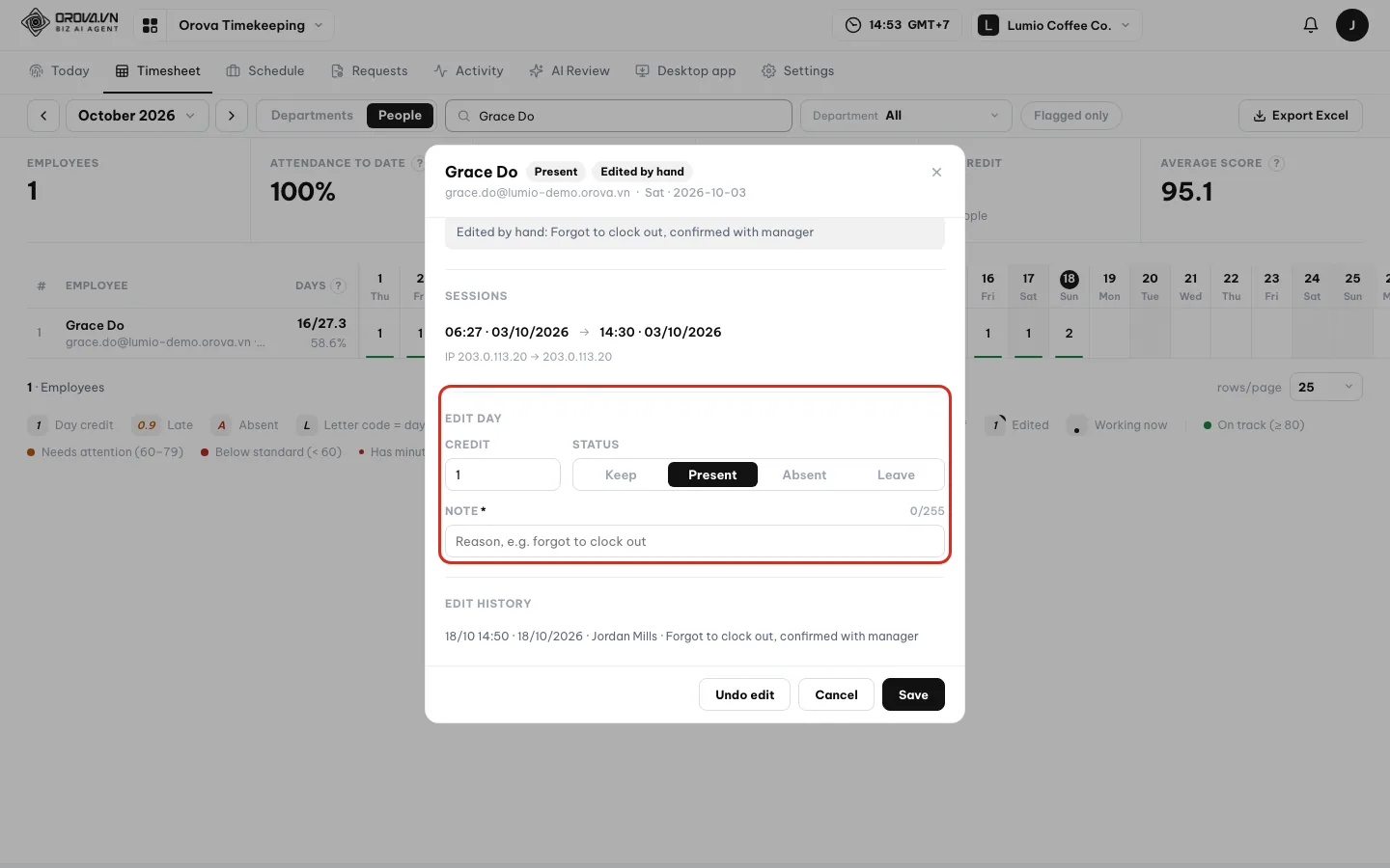 Edit day block with the Credit, Status and Note fields and Edit history