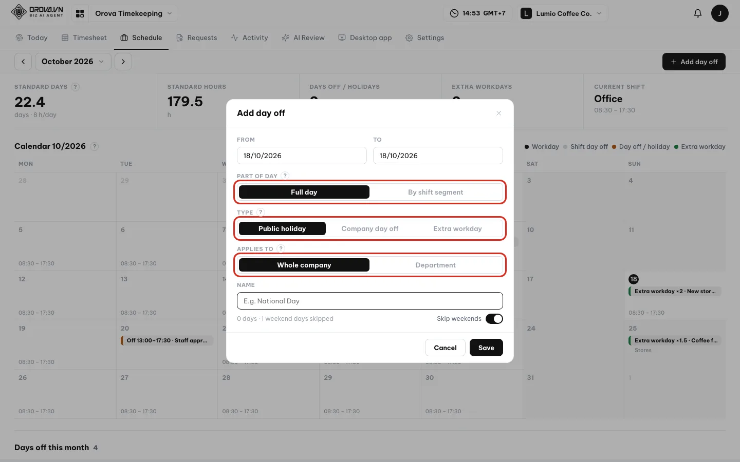 Add day off box with the Part of day, Type and Applies to fields circled in red