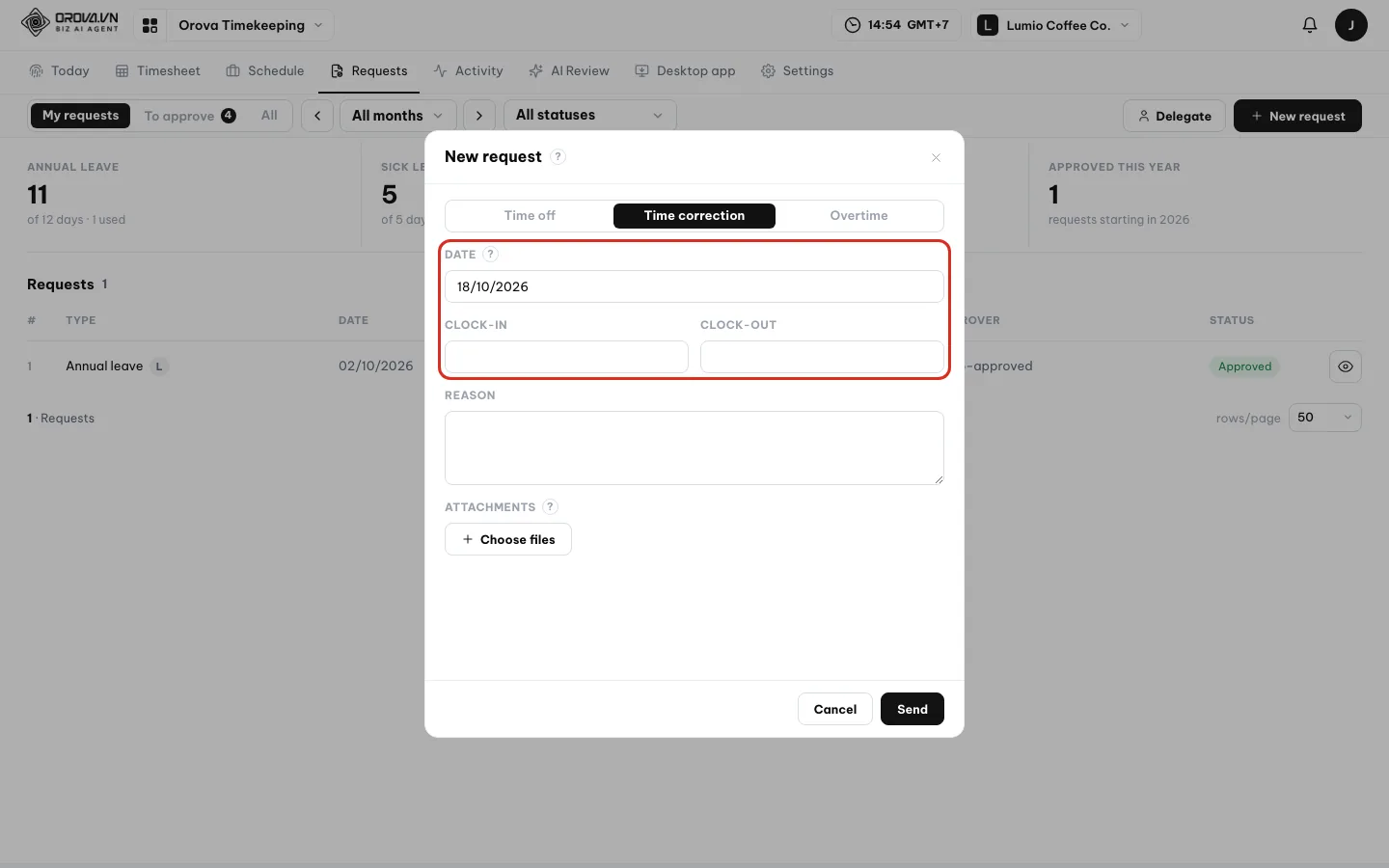 New request box for Time correction with the Date, Clock in and Clock out fields