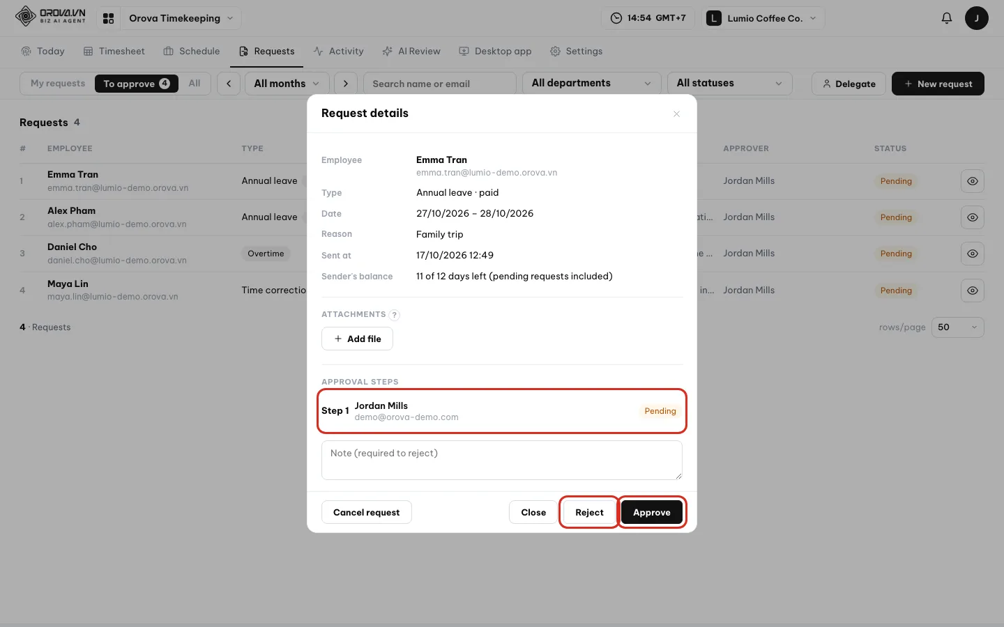 Request details box with Approval steps and the Approve and Reject buttons