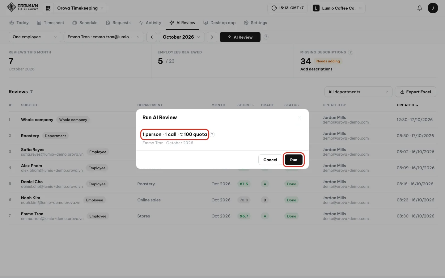 Run AI Review box with the people, runs and estimated quota line and the Run button