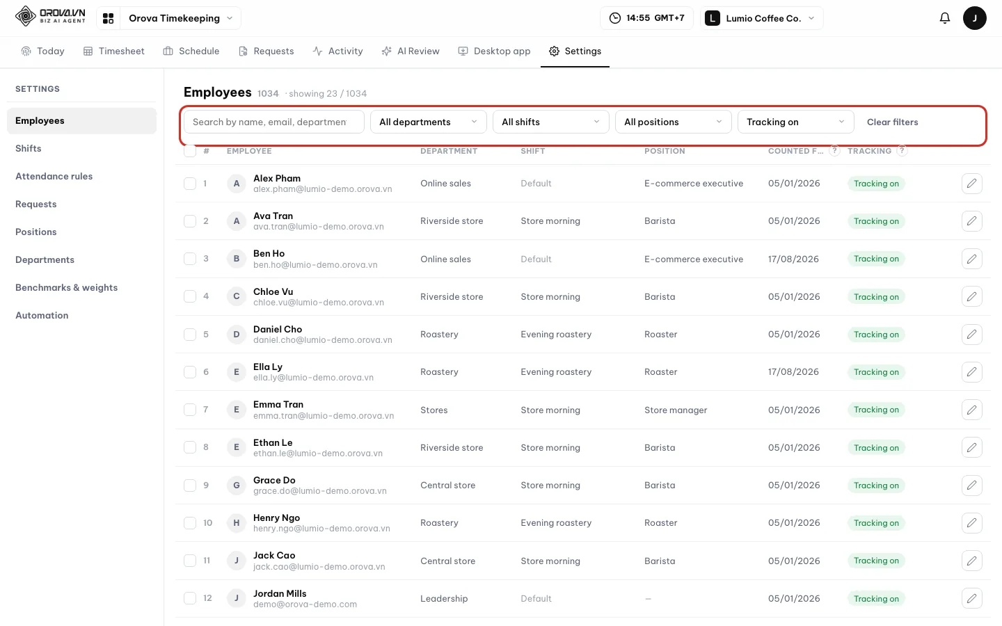 Employees table with a search box, four filters for department, shift, position and status, and the Department, Shift, Position, Counted from and Tracking columns