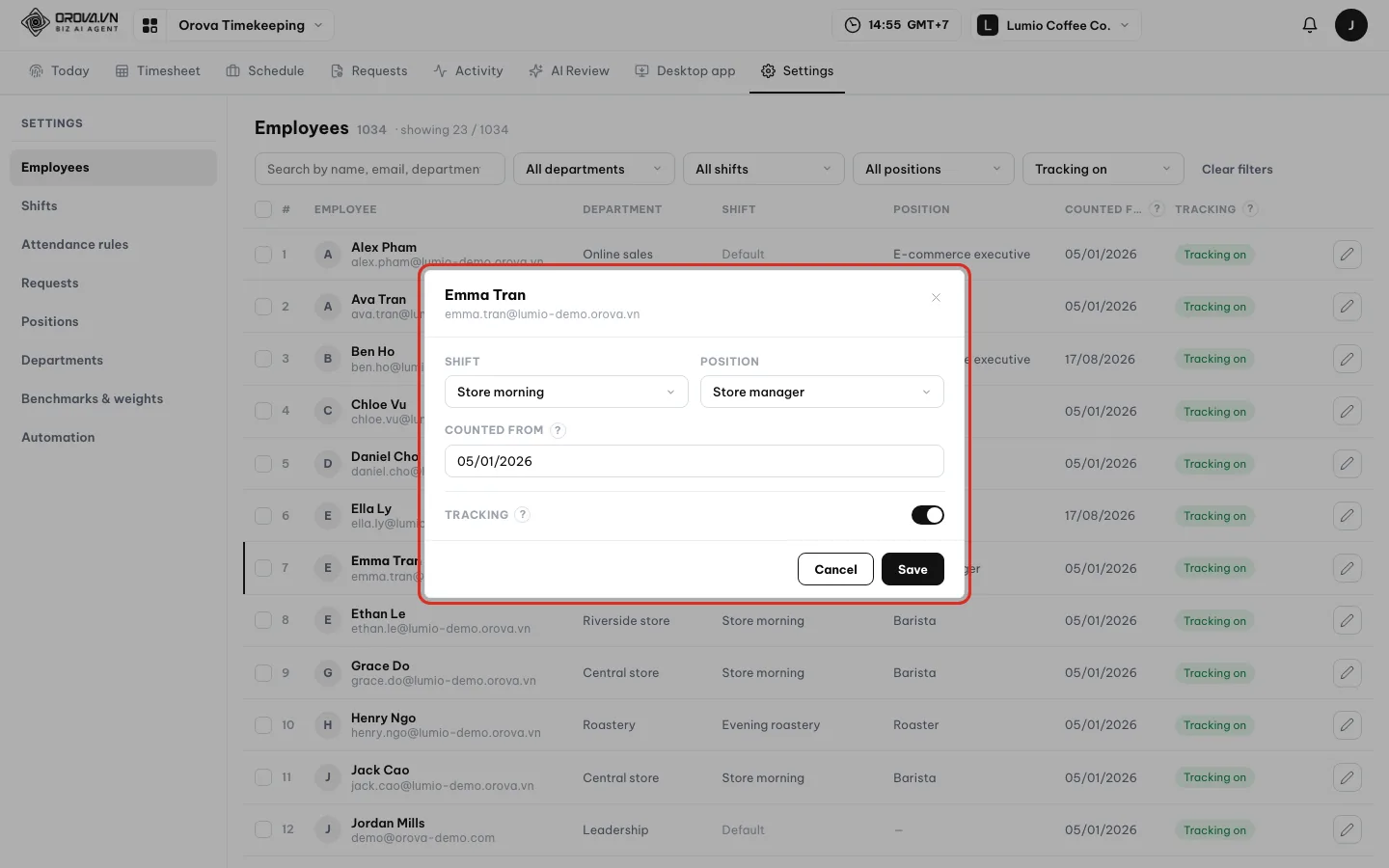 Edit dialog for employee Emma Tran with the Shift, Position and Counted from fields, the Tracking switch and the Save button