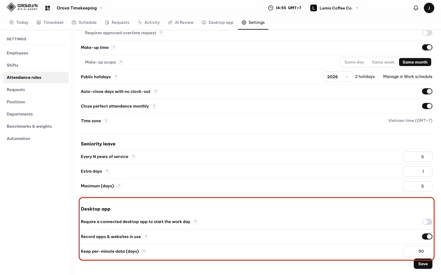 Desktop app block with two switches, require connection and record apps, and the Keep per-minute data field