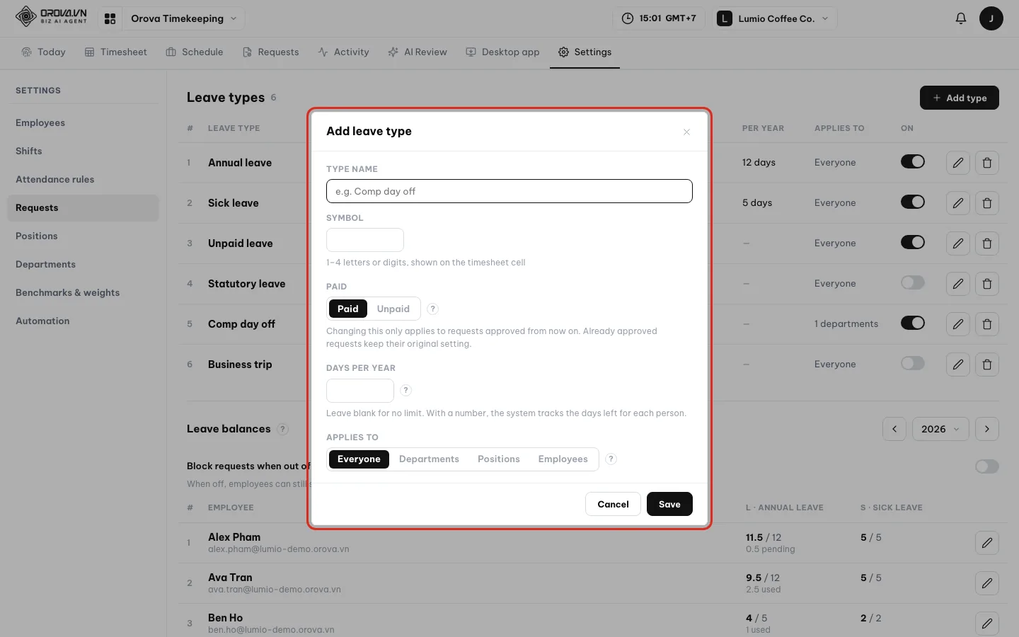 Add leave type dialog with the Type name, Symbol, Paid, Days per year and Applies to fields