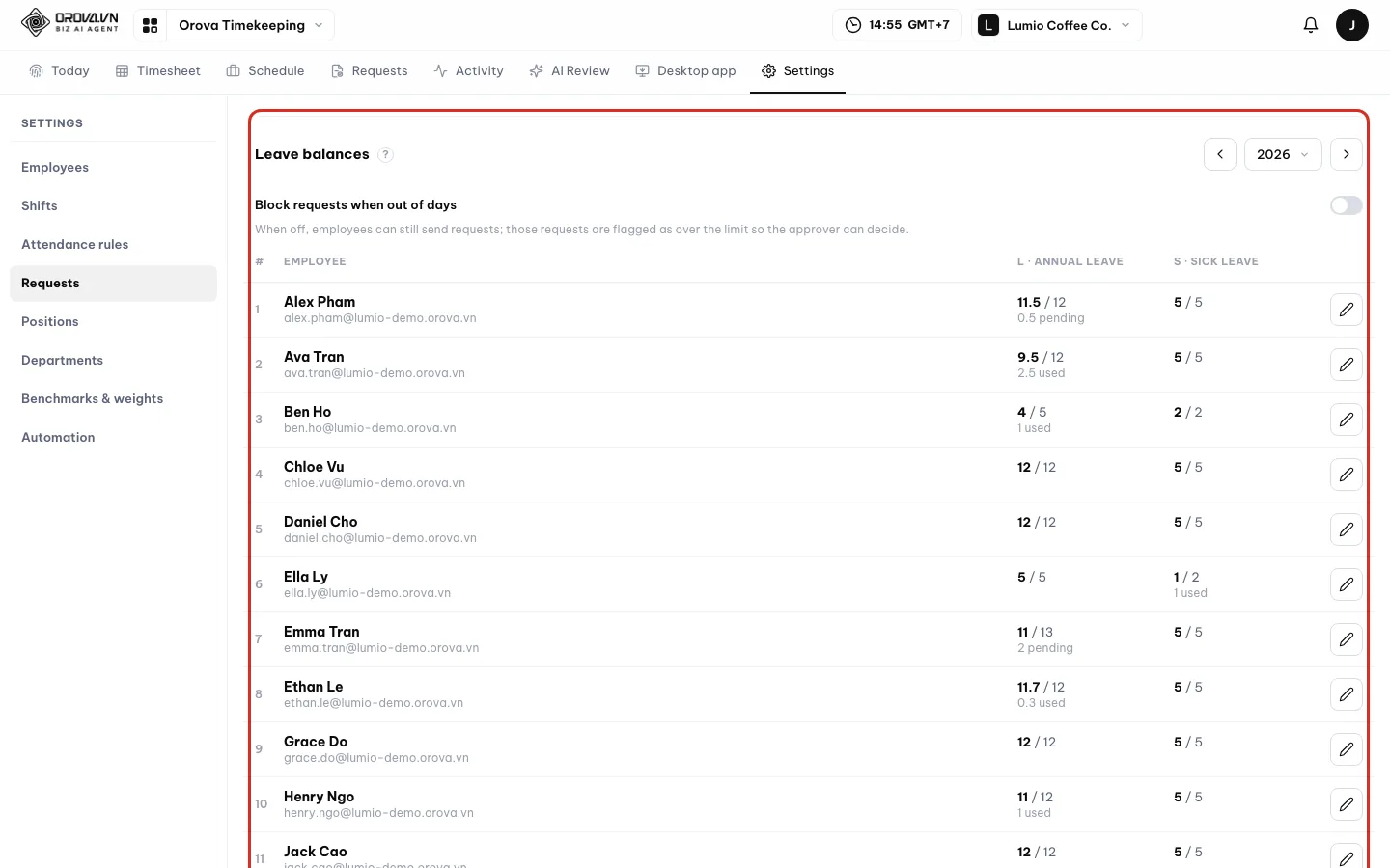 Leave balances block with a table of employees by leave type, the Block requests when out of days switch and the Adjust button