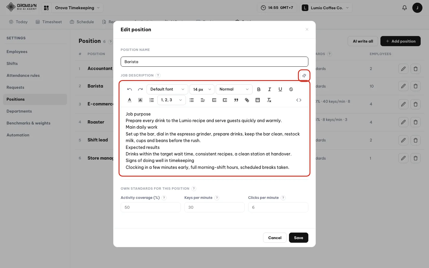 Barista position dialog with the Job description editor, the AI write and Undo buttons and three Own standards fields