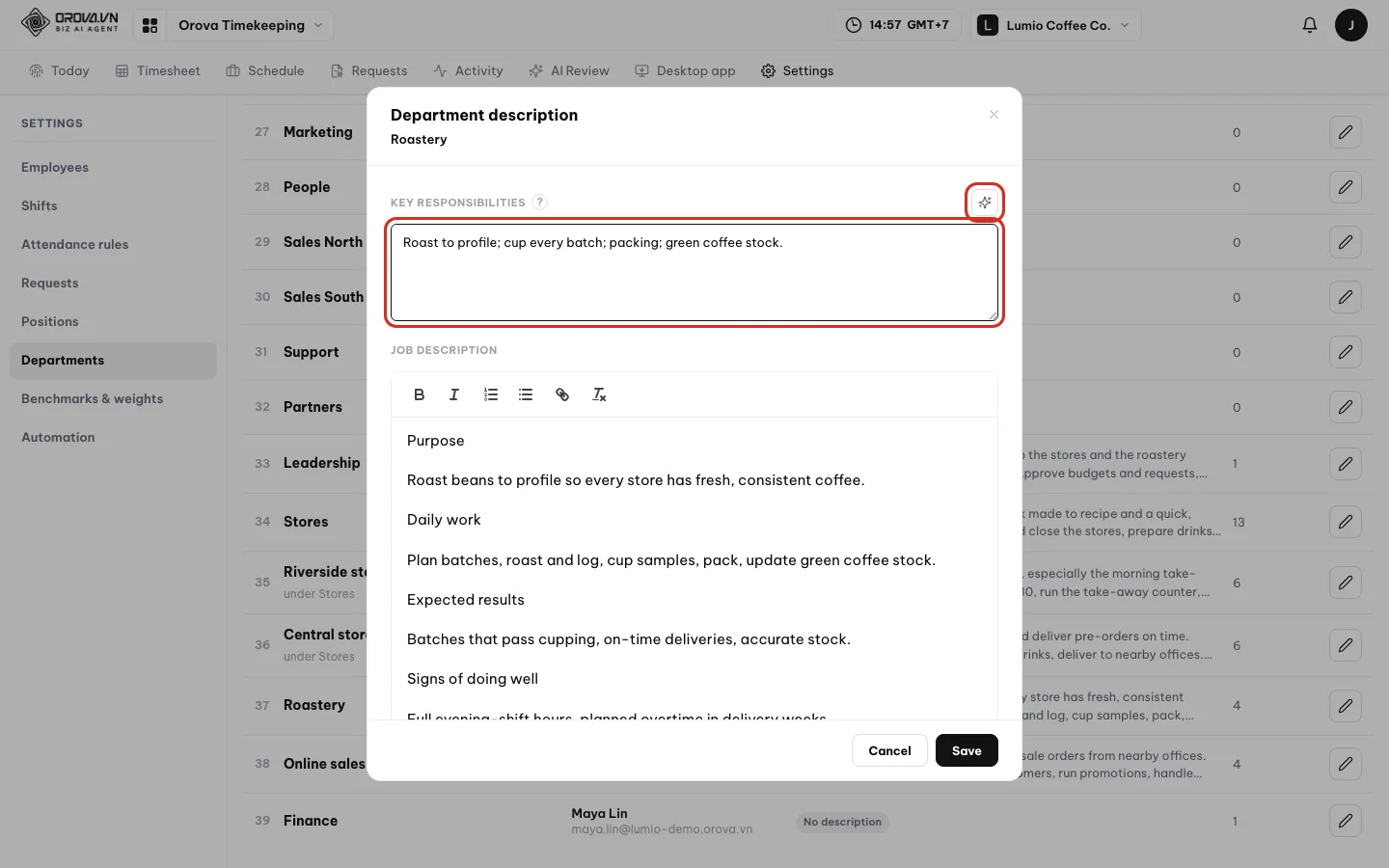 Description dialog for the Roastery department with the Key responsibilities field, the AI write button and the Job description editor