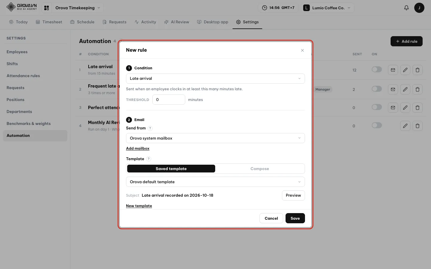 Add rule dialog with the Condition part set to Late arrival, the Threshold minutes field, and the Email part with Orova system mailbox and Orova default template selected