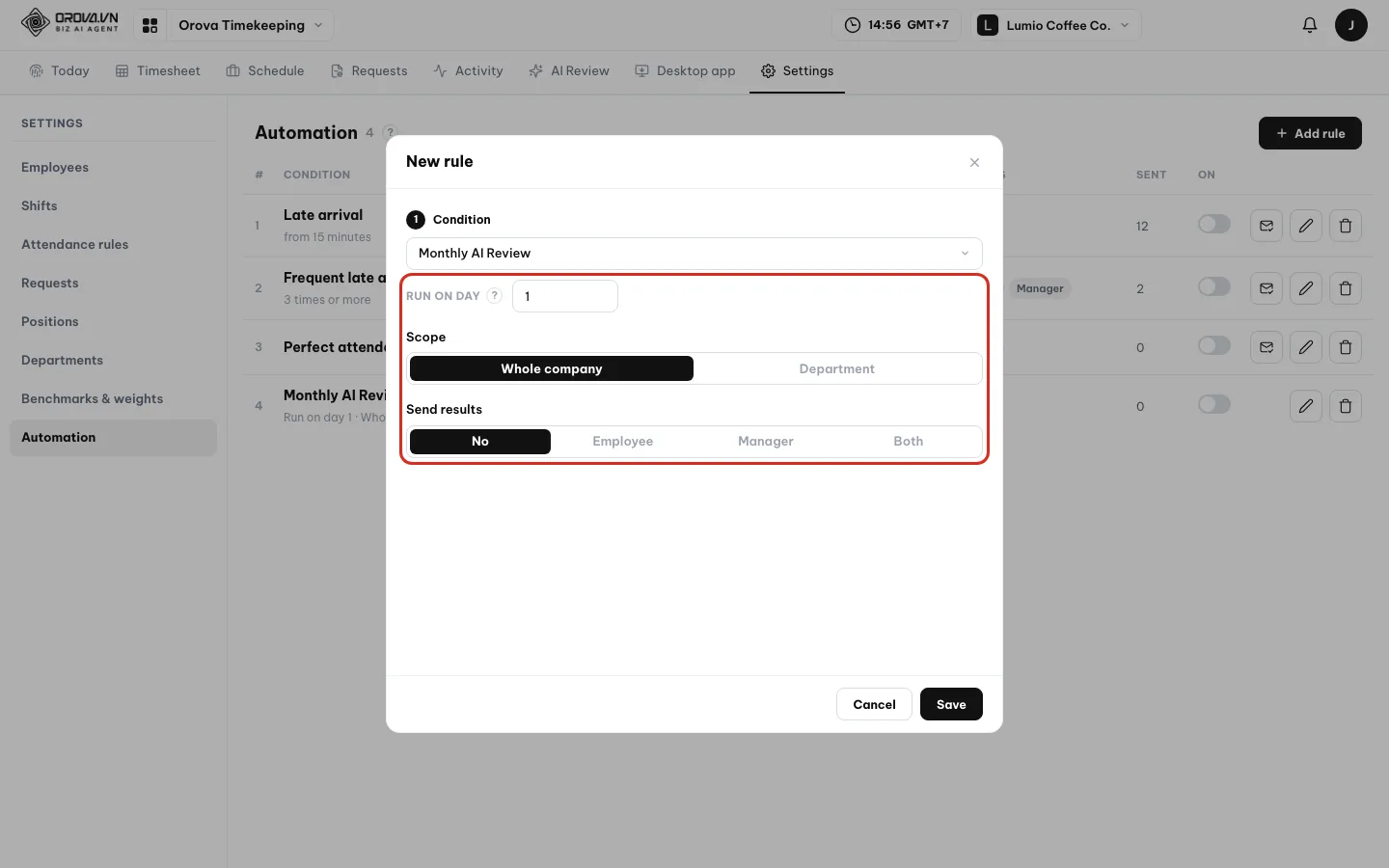 Monthly AI Review block with the Run on day, Scope and Send results fields