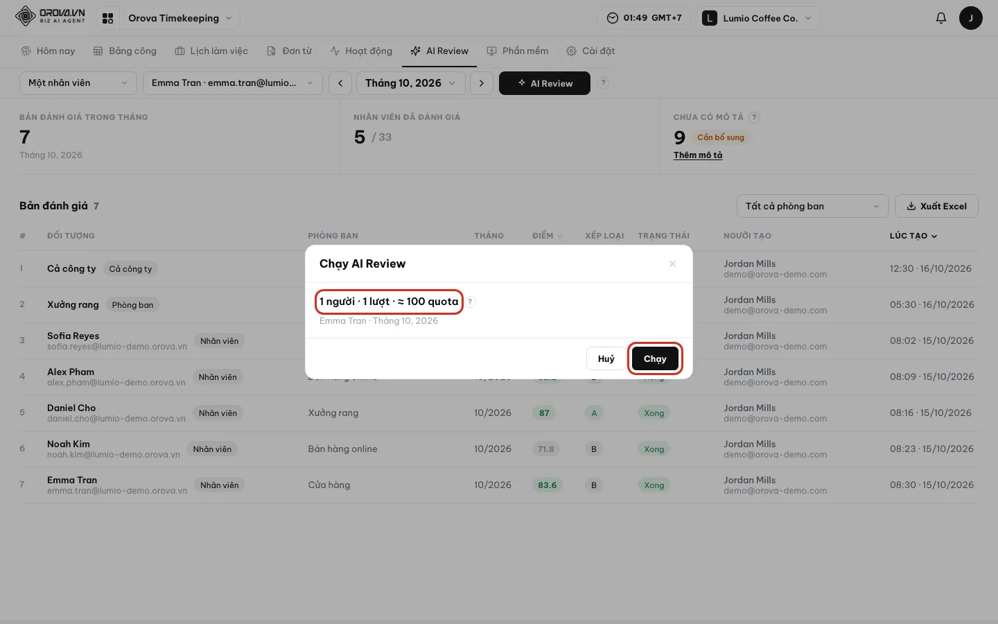 Hộp Chạy AI Review với dòng số người, số lượt, quota ước tính và nút Chạy