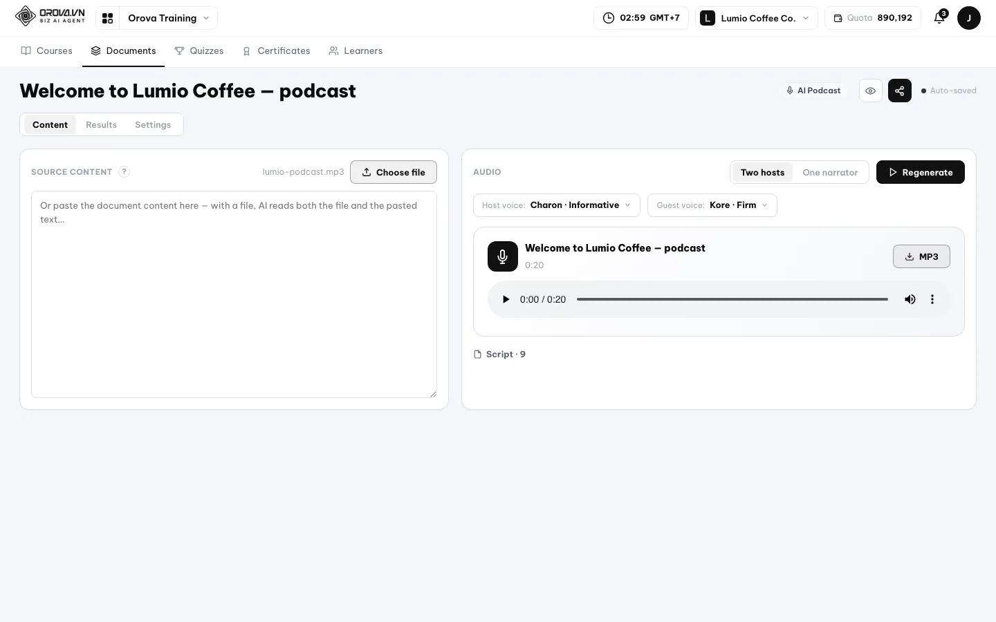 Podcast AI completato con lettore e copione