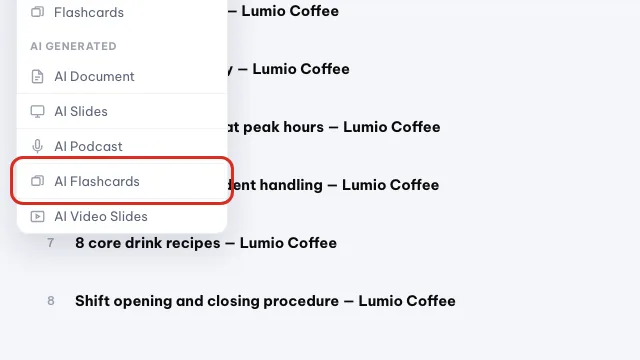 Opzione Flashcard AI nel menu Nuovo documento